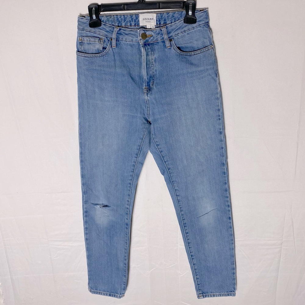 Sezane Denim Light Wash Distressed Button Fly Med High Rise Relaxed Fit Jeans 26